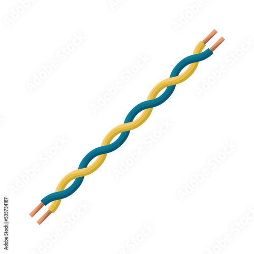 Paired twisted electric wire. A wire is an electrical product that serves to connect an electric current source with a consumer, components of an electrical circuit. Vector illustration isolated.