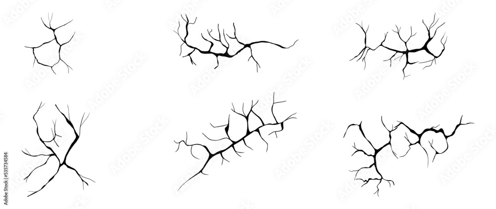 Obraz premium Collection of crack element vector on white background. Set of black damage cracks texture, break soil surface. Abstract art illustration design for decorative, print, wall art, screen, earthquake.