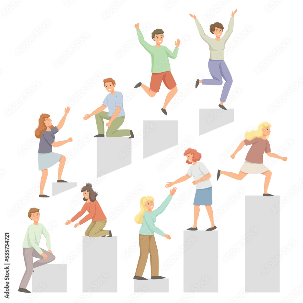 People Character Climbing Up to the Goal Helping Each Other Vector Set