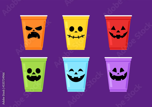 Halloween face on plastic cup. Party cup isolated. background, vector illustration. Halloween beer cup vector. Beer pong. Halloween face on plastic cup.