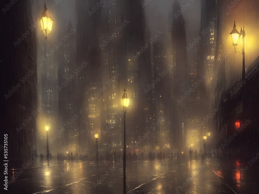 Night Gotham in the rain. Oil paints, illustration.