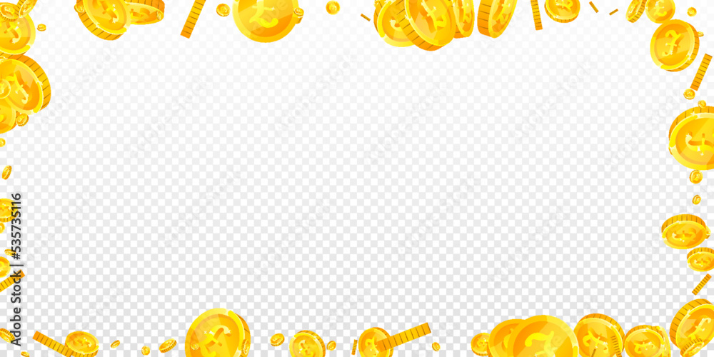British pound coins falling. Scattered gold GBP British pound coins falling. Scattered gold GBP