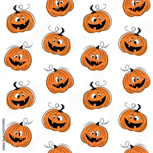Seamless pattern with emotions halloween pumpkins on white background. Сute hand drawn orange pumpkins. Funny faces for scrapbook digital paper, textile print, page fill