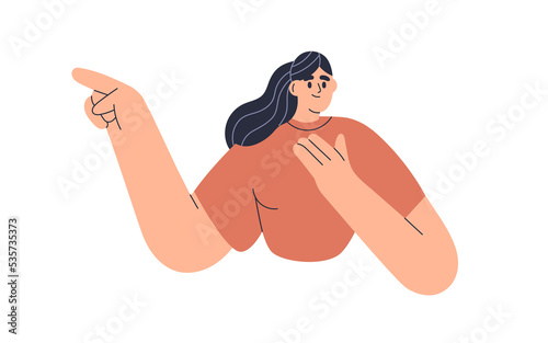 Woman showing, presenting smth, gesturing with hand. Young smiling girl character pointing aside with finger, advertising, demonstrating. Flat vector illustration isolated on white background