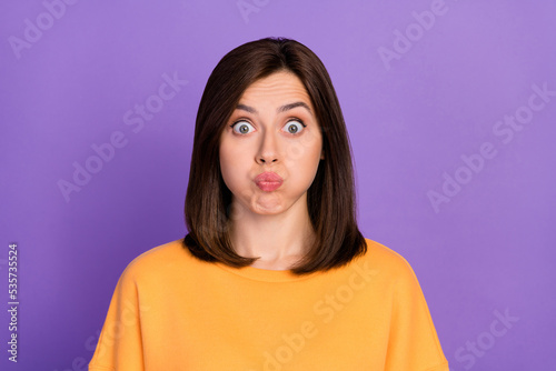 Closeup photo of young pretty adorable cute playful lady wear yellow sweater pouted lips full mouth water isolated on bright purple color background