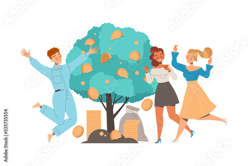 Man and Woman Jumping with Joy Around Growing Money Tree with Golden Coins Vector Illustration
