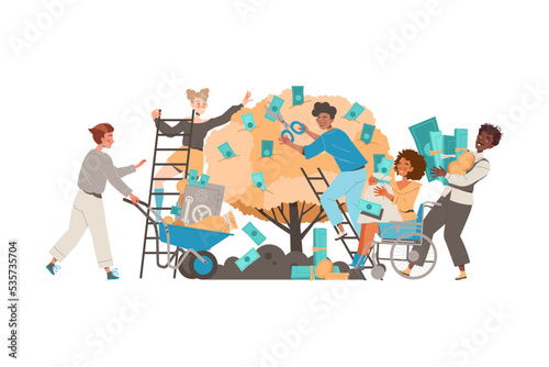 People Character Growing Money Tree Picking Golden Coins and Banknotes Vector Illustration