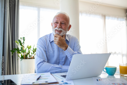 Financial advisor businessman using his laptop and doing some paperwork while sitting at desk and working.