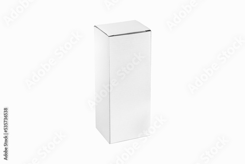 Empty blank white paper packaging box mockup isolated on white background. 3d rendering.  © Leyla