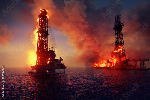 Fire on Oil Platform in Open Sea at Night © klenger