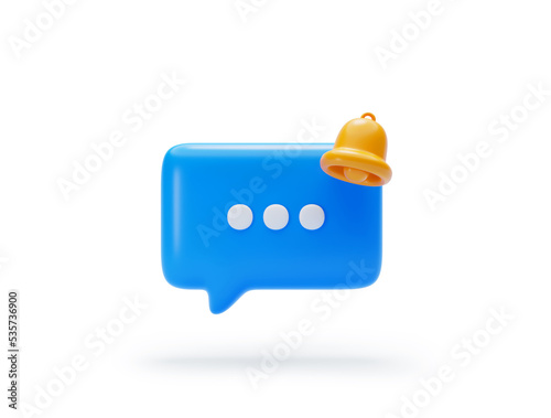 Chat message Blue Speech bubble icon with bell notification alert notice reminder symbol conversation button icon or symbol background 3D illustration