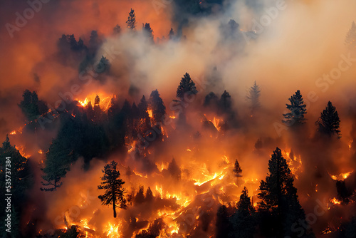 Forest fire, many acres of pine trees burn down during the dry season.  Wildfire burns in the forest.The concept of global cataclysms on earth.  photo