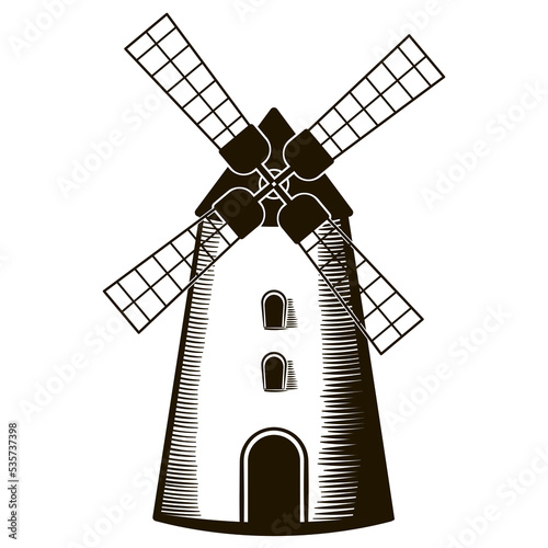 Windmill in hand drawn style isolated on whiye background. Wheat and Flour production, green enegry themed element