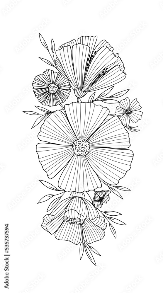 collection of flower graphics black and white illustration set elements