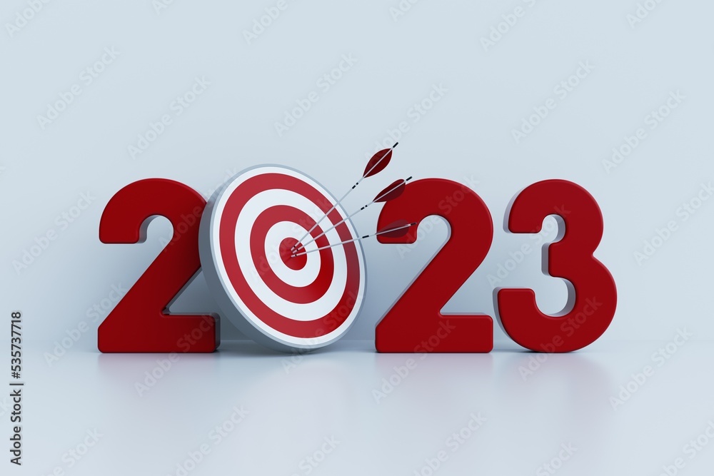 New Year 2023 and Archery target and arrow. 3d Rendering. New Year 2023 and Archery target and arrow. 3d Rendering.