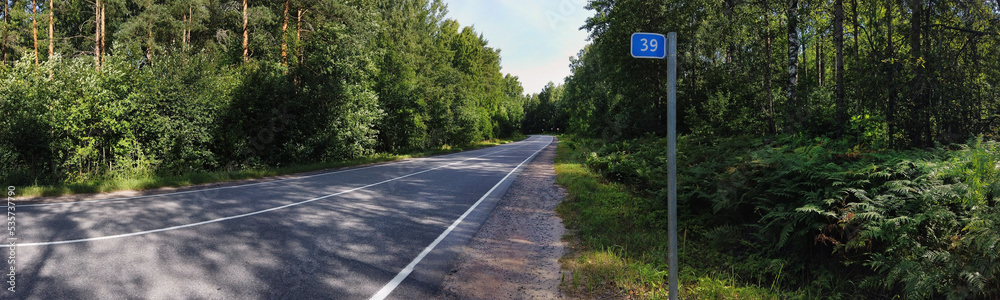 highway paved road through the forest and a column highway paved road through the forest and a column