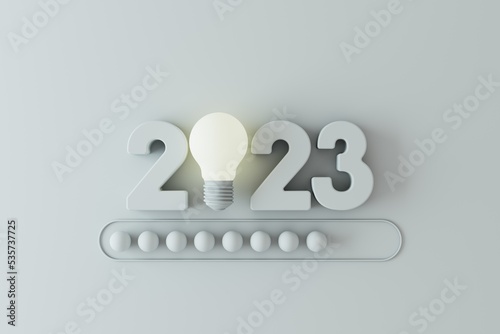 New Year 2023 numbers with light bulb and loading new year 2022 to 2023 on blue background.Loading bar almost complete with idea being processed,start straight concept.3d rendering
