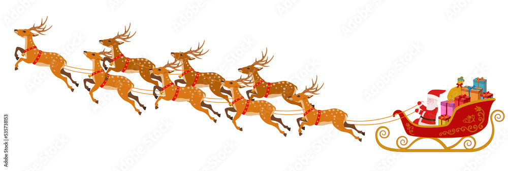 santa claus and rudolph the deer pulling a sleigh transparent background solid color 산타클로스 루돌프사슴 eight go up - obrazy, fototapety, plakaty 