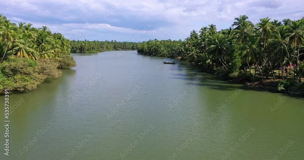 An aerial view of calm river with small boat An aerial view of calm river with small boat