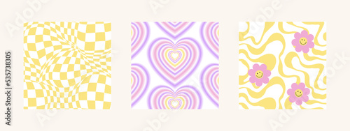 Y2k cool groovy backgrounds. Retro pop 70s cute hippie backdrop. Seventies psychedelic pattern wallpaper. Vector illustration in groovy trendy yellow, pink, violet colors