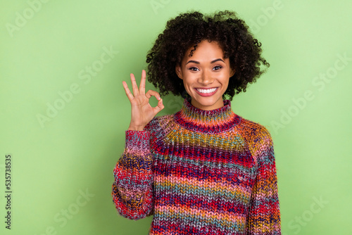 Photo of cool millennial valume hairdo lady show okey wear colorful pullover isolated on green color background