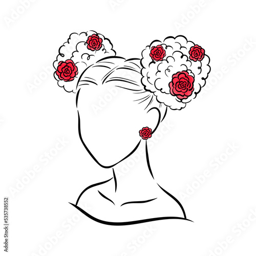 Woman's abstract portrait line art with flowers on her afro hair buns. Elegant line drawing for the logo of hair salon, or cosmetics brand.  Stylized minimalist sketch isolated on white background. 
