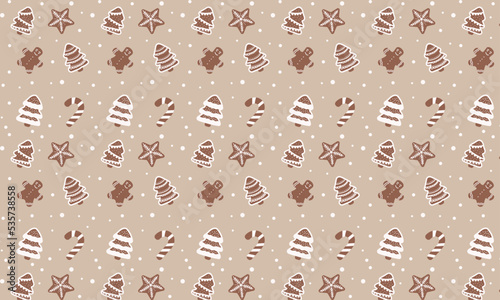 Christmas seamless beige pattern with gingerbread tree, man, snowflakes and lollipop. Festive composition for the New Year.