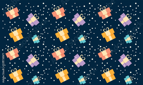 Christmas seamless dark pattern with gift boxes and snow. Colorful illustrations, festive composition for the New Year.