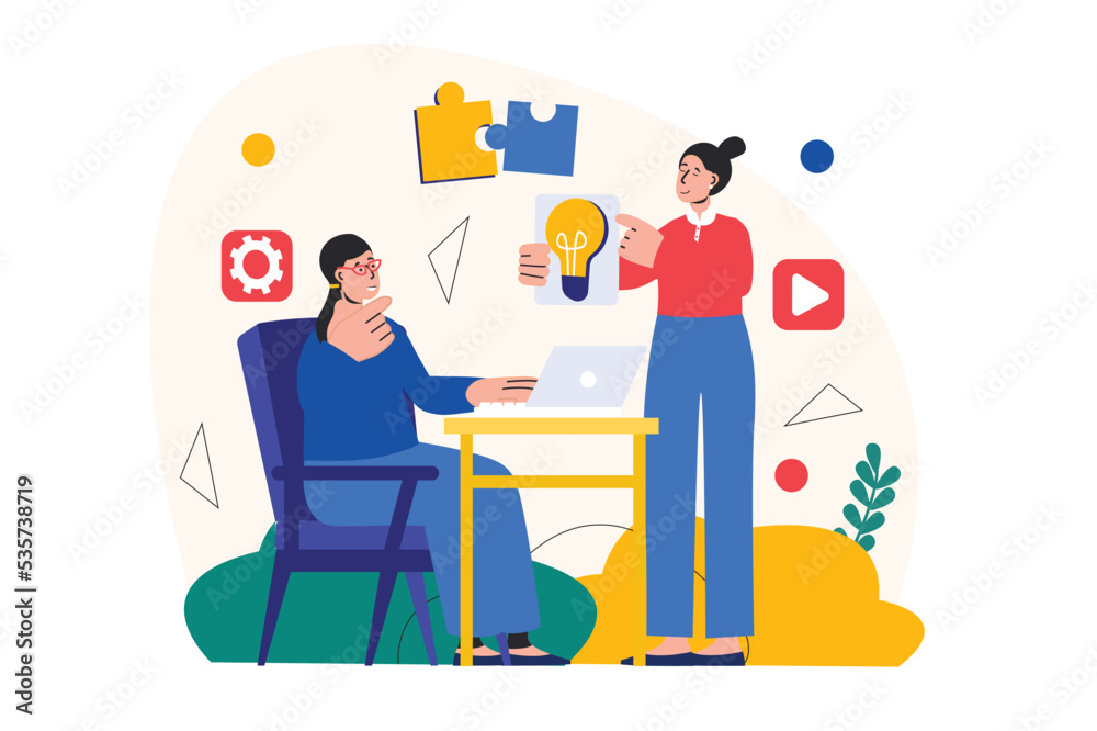 Teamwork concept with people scene in the flat cartoon style. Two girls work together to create new ideas. Vector illustration.