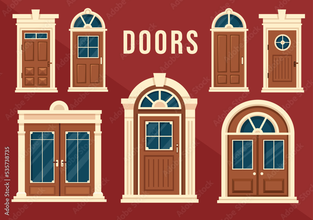 House Architecture with Set of Doors and Windows Various Shapes, Colors and Sizes in Template Hand Drawn Cartoon Flat Background Illustration House Architecture with Set of Doors and Windows Various Shapes, Colors and Sizes in Template Hand Drawn Cartoon Flat Background Illustration
