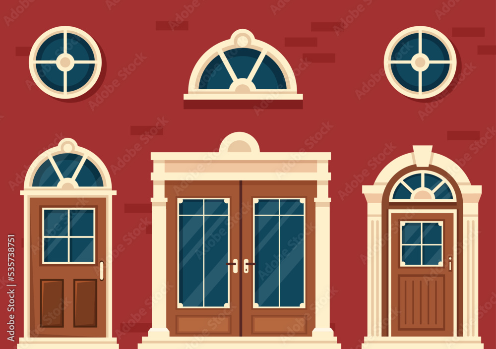 House Architecture with Set of Doors and Windows Various Shapes, Colors ...