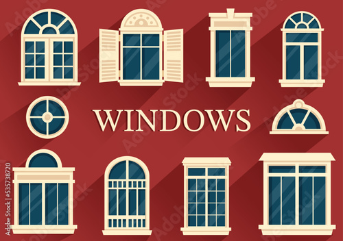 House Architecture with Set of Doors and Windows Various Shapes, Colors and Sizes in Template Hand Drawn Cartoon Flat Background Illustration