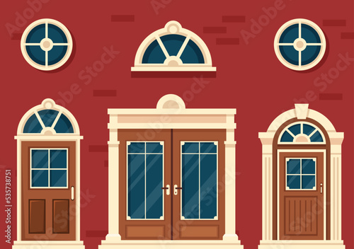 House Architecture with Set of Doors and Windows Various Shapes, Colors and Sizes in Template Hand Drawn Cartoon Flat Background Illustration