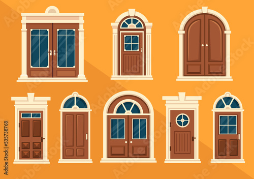 House Architecture with Set of Doors and Windows Various Shapes, Colors and Sizes in Template Hand Drawn Cartoon Flat Background Illustration