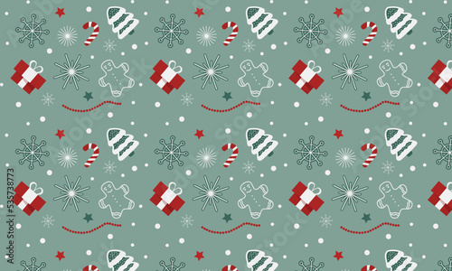 Christmas seamless pattern with trees, snowflakes, gift boxes, lollipop and gingerbread man. Festive composition for the New Year.