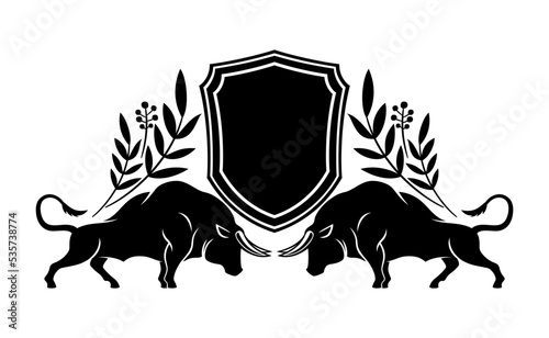 Two bulls and a shield on a white background.