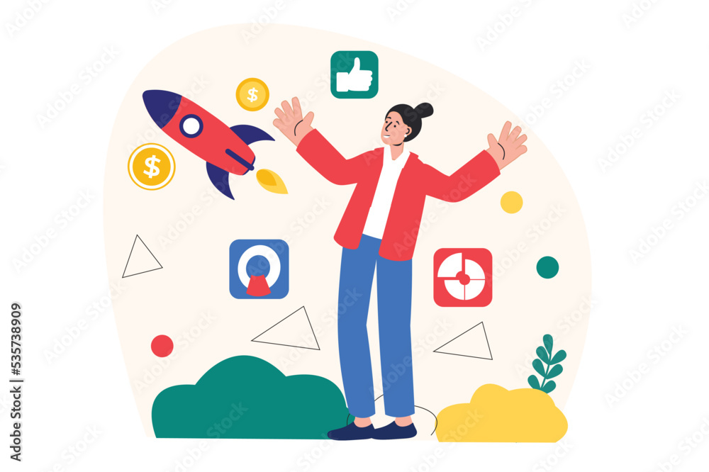 Concept Business startup with people scene in the flat cartoon style. Girl watches how her project is gaining success. Vector illustration. Concept Business startup with people scene in the flat cartoon style. Girl watches how her project is gaining success. Vector illustration.