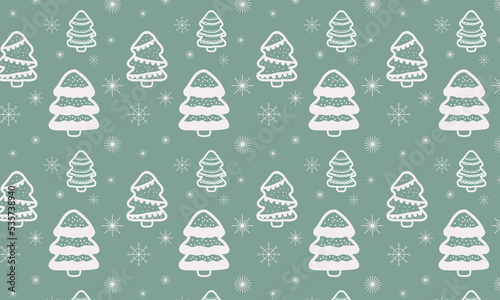 Christmas seamless pattern with trees and snowflakes. Contour illustrations, festive composition for the New Year.