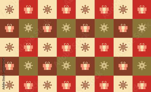 Christmas seamless pattern with gift boxes and snowflakes in colorful squares. Geometric festive composition for the New Year.