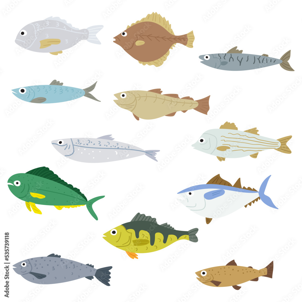Collection of fresh fish. Flat hand drawn vector icons on white background. Collection of fresh fish. Flat hand drawn vector icons on white background.