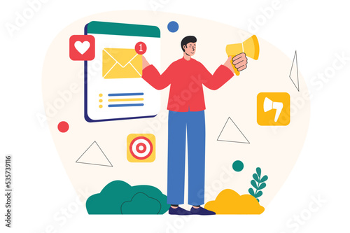 Email marketing concept with people scene in the flat cartoon style. Employee promotes the product by sending a description of it in e-mail. Vector illustration.