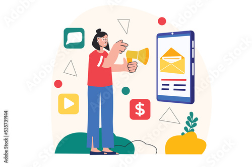 Concept Email marketing with people scene in the flat cartoon design. Marketer distributes services by describing them in e-mail. Vector illustration.