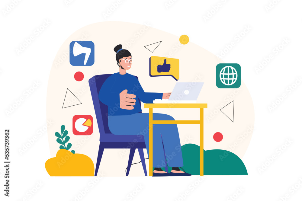 Social media marketing concept with people scene in the flat cartoon style. Marketer analyzes public needs using different social networks. Vector illustration.