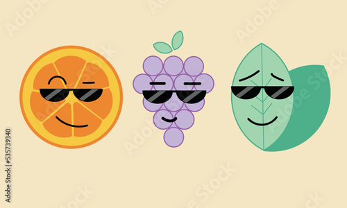 Illustration of orange, green leaf, grapes with funny faces and sunglasses. Fruit characters, stickers, icons, logo on the theme of vegetarianism, healthy eating