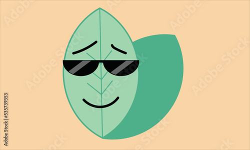 Illustration green leaf with funny face and sunglasses. Fruit character for stickers, icons, logo on the theme of vegetarianism, healthy eating