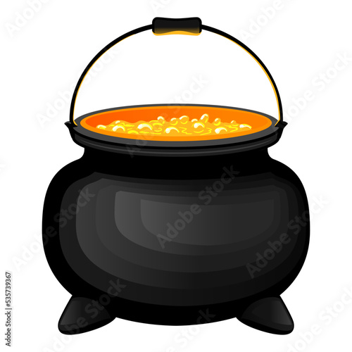 Halloween holiday decor, witch cauldron with boiling magic potion on white background