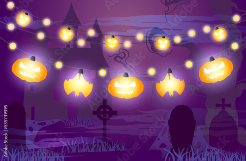 Background with old cemetery, castle, fog and tombstones illuminated by Halloween bat garlands and Halloween pumpkins