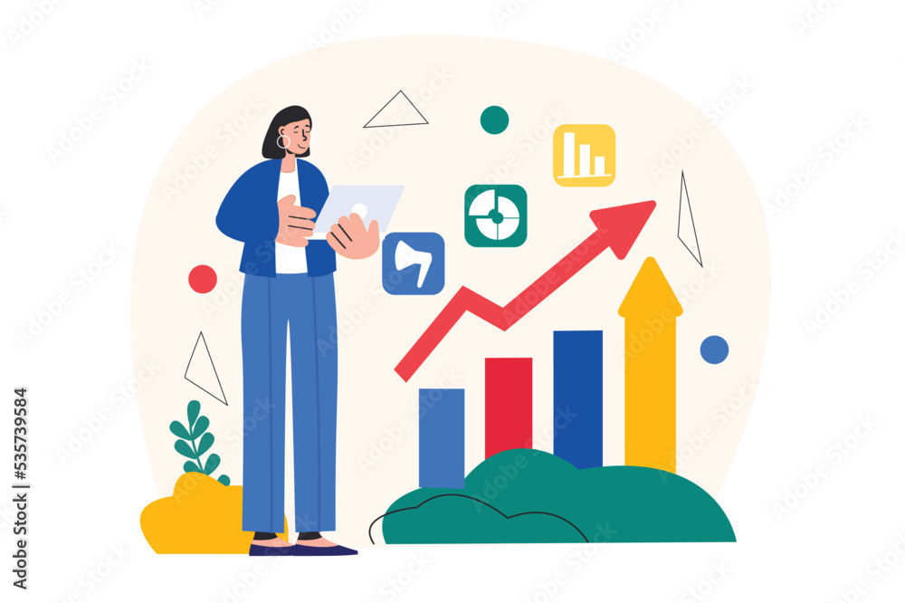 Digital marketing concept with people scene in the flat cartoon style. Marketer monitors the rapid popularization of his services. Vector illustration. Digital marketing concept with people scene in the flat cartoon style. Marketer monitors the rapid popularization of his services. Vector illustration.