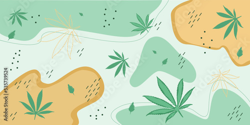 Natural botanical background with medical cannabis leaves  orange and green spots  black dots and strokes. Vector illustration  banner  card  print.