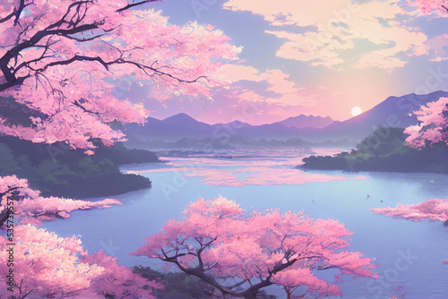 Stampa su tela Japan anime scenery wallpaper featuring beautiful pink cherry trees and Mount Fu